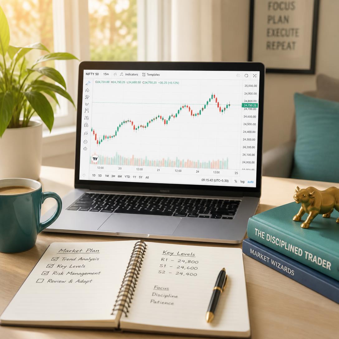 Desk with a laptop showing a candlestick chart beside a handwritten trading plan